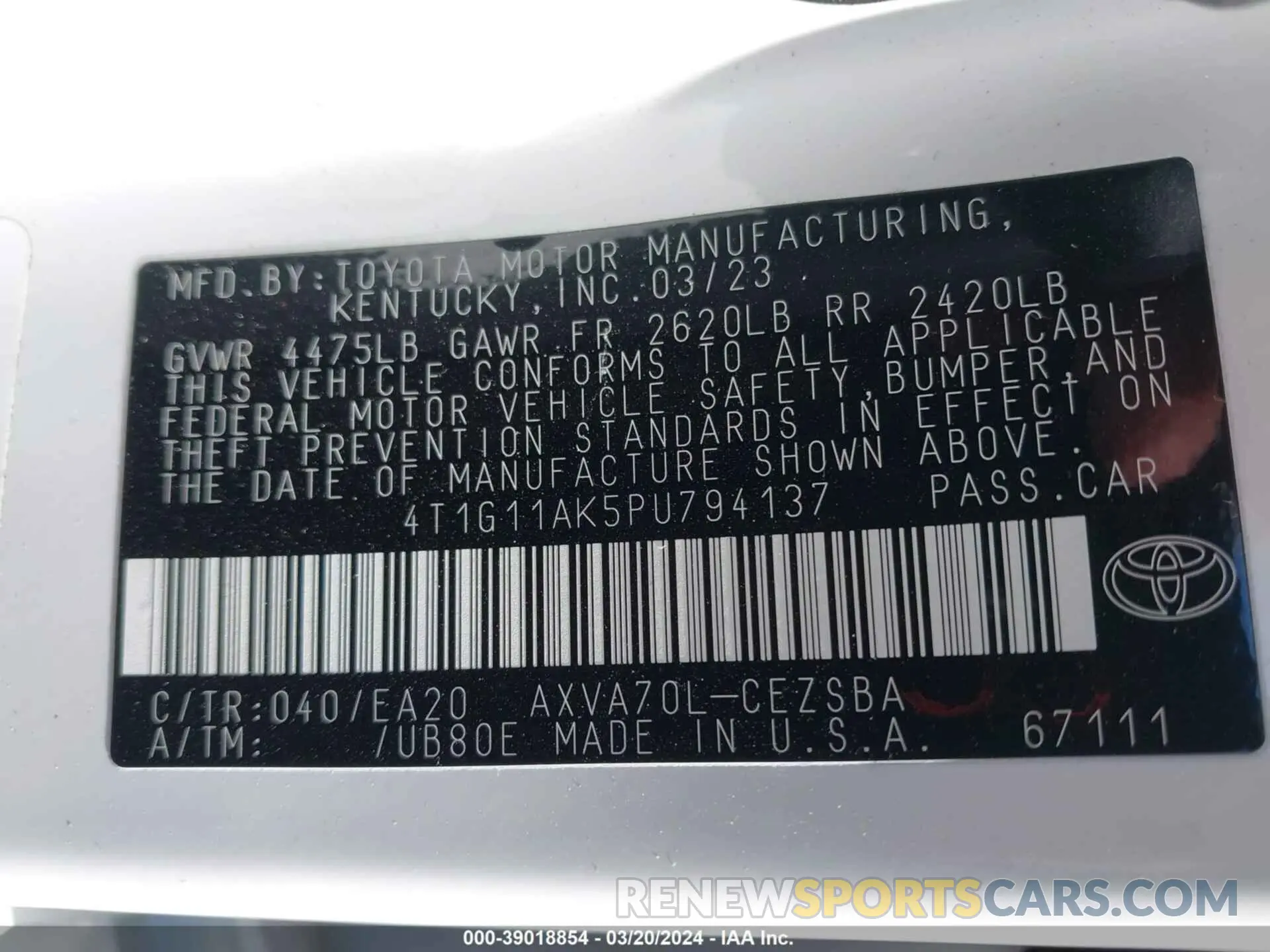 9 fotografías del automóvil dañado 4T1G11AK5PU794137 TOYOTA CAMRY 2023
