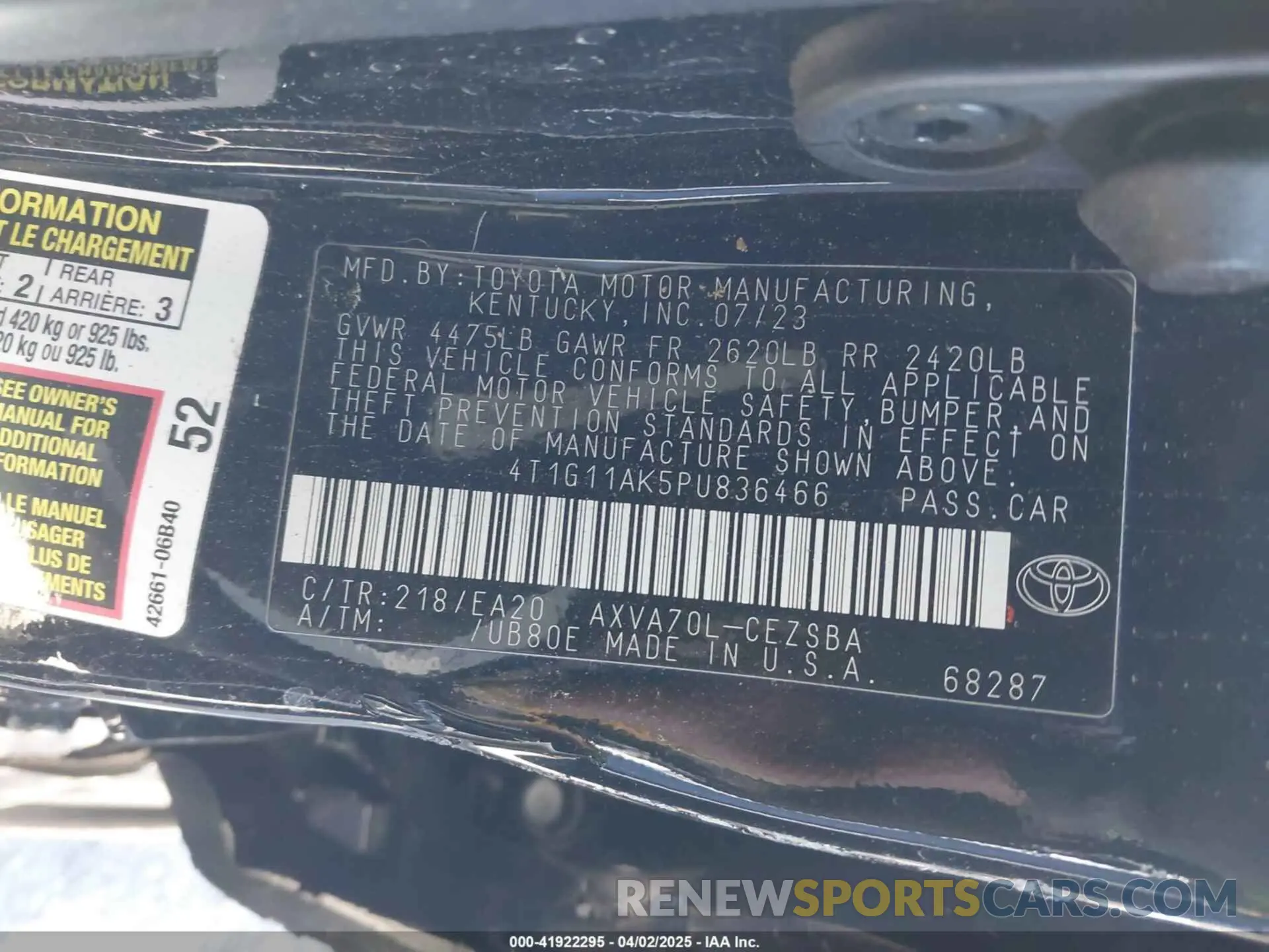 9 fotografías del automóvil dañado 4T1G11AK5PU836466 TOYOTA CAMRY 2023