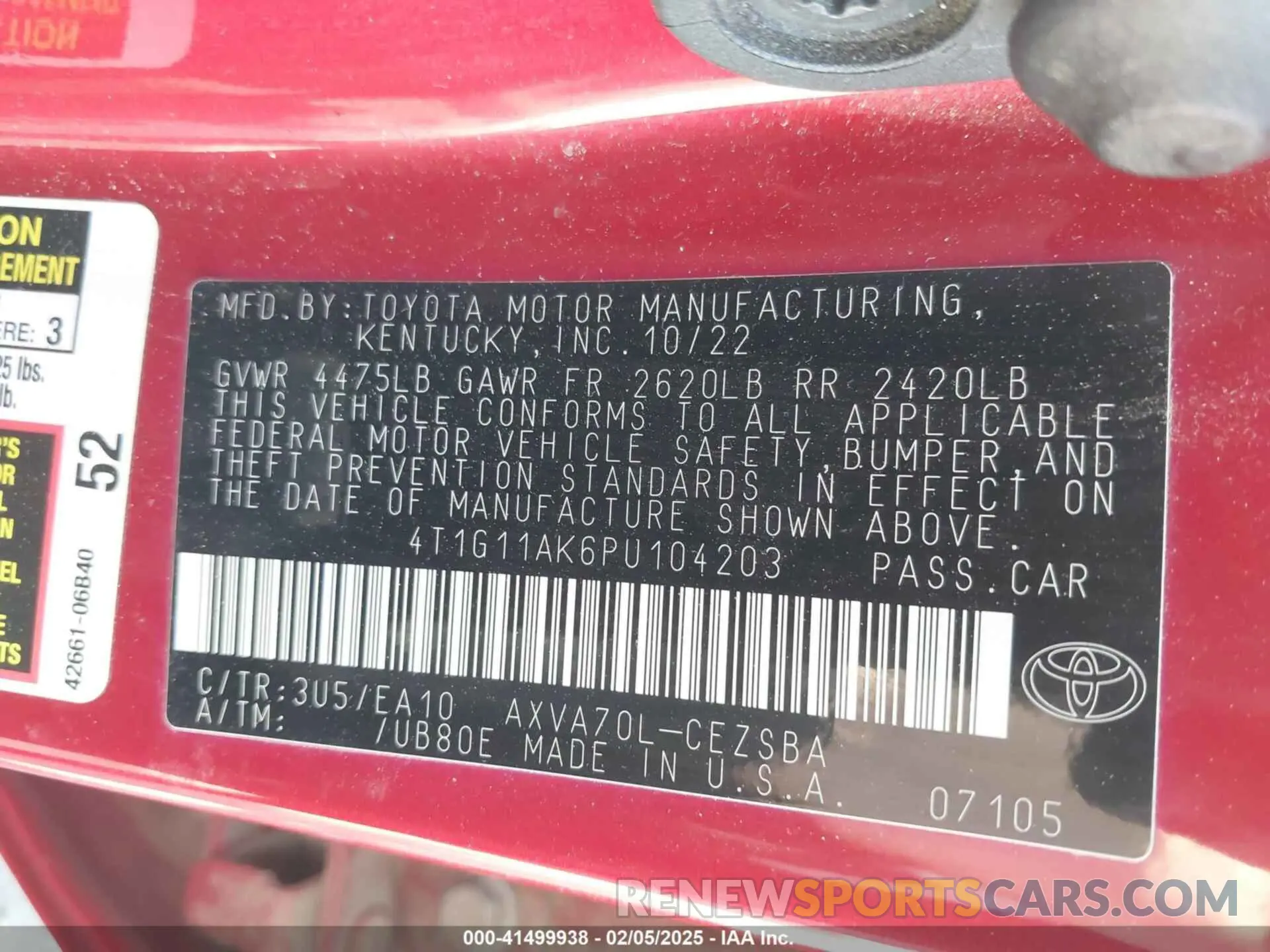 9 fotografías del automóvil dañado 4T1G11AK6PU104203 TOYOTA CAMRY 2023