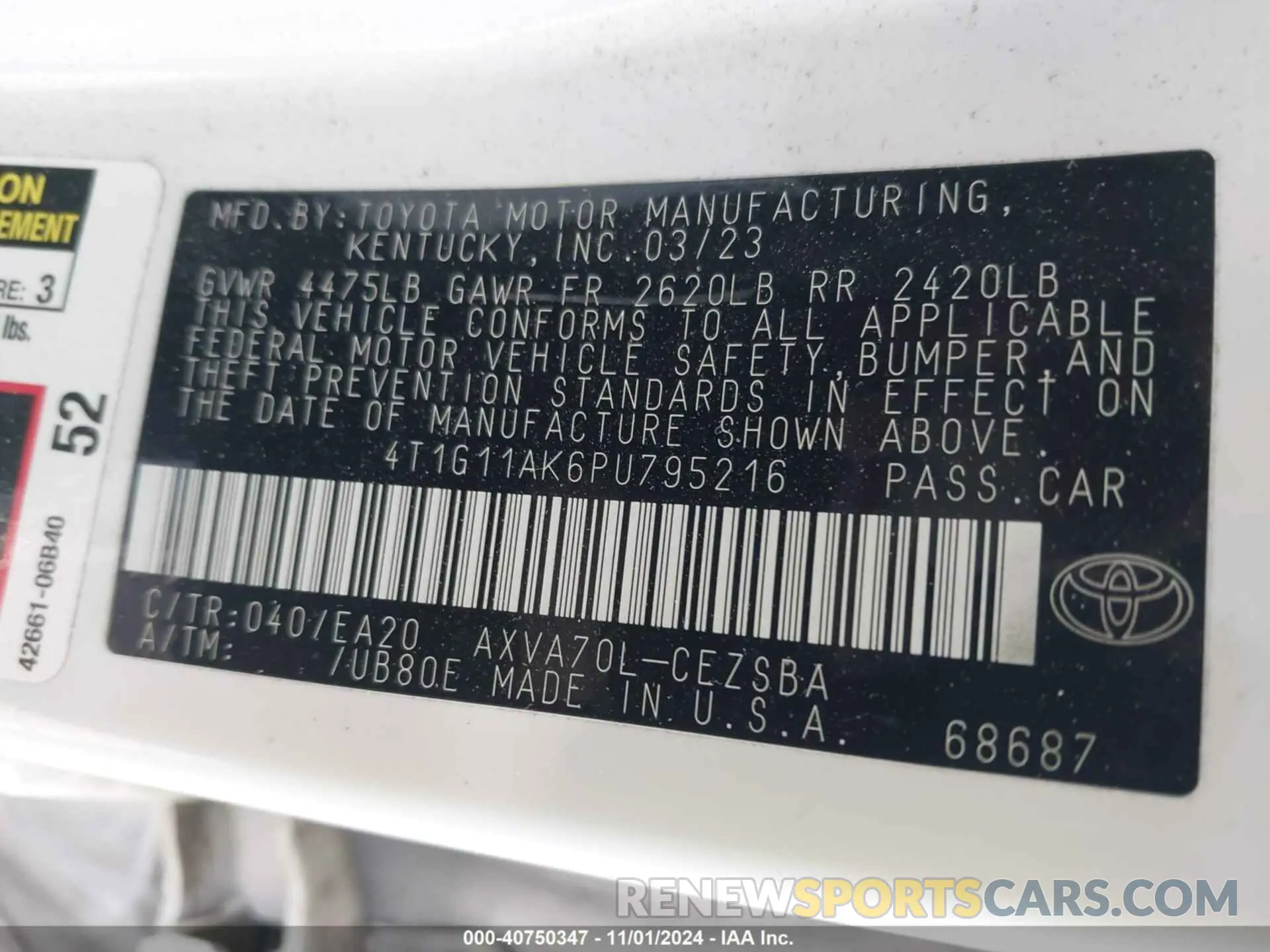 9 fotografías del automóvil dañado 4T1G11AK6PU795216 TOYOTA CAMRY 2023