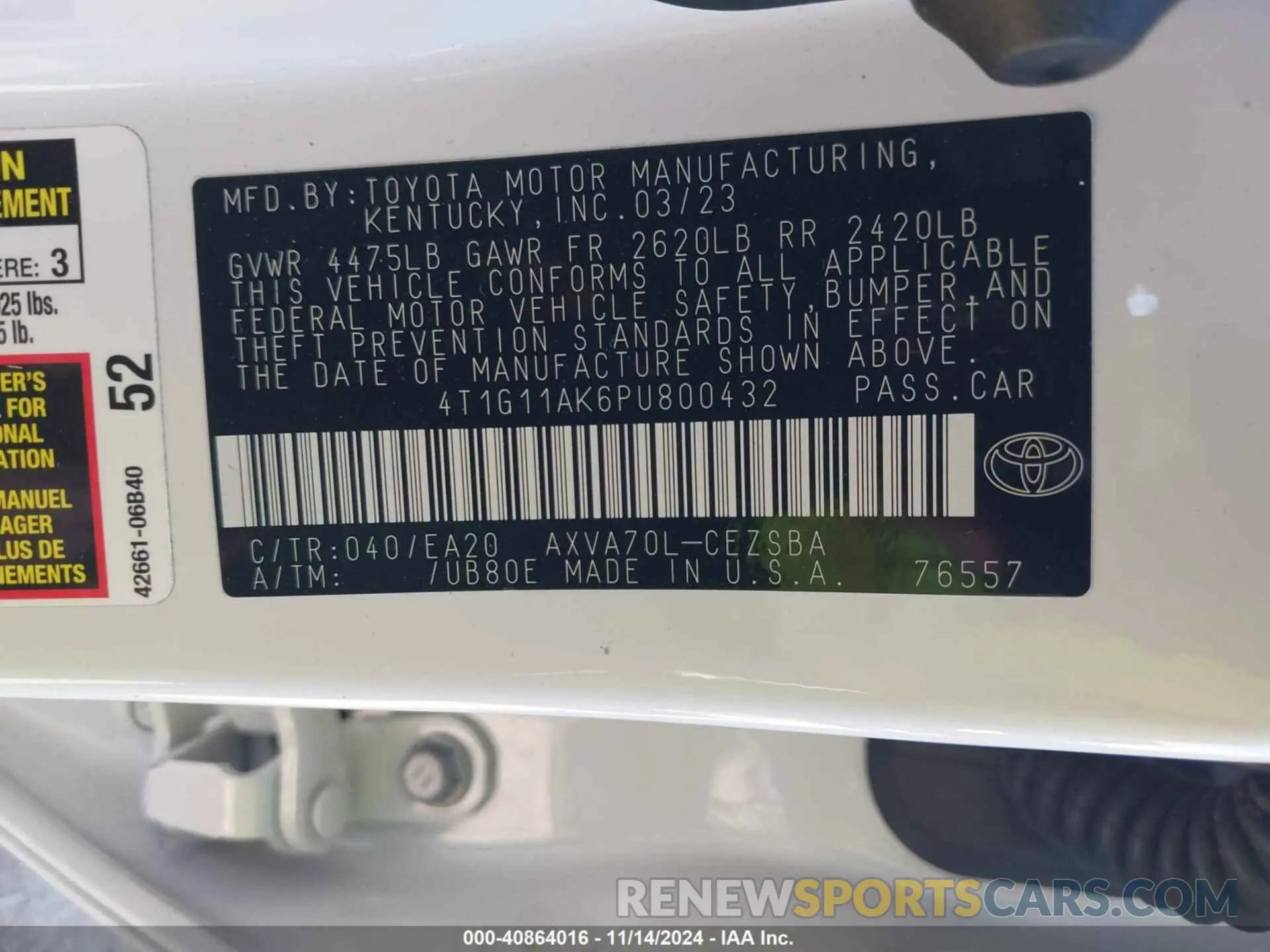 9 fotografías del automóvil dañado 4T1G11AK6PU800432 TOYOTA CAMRY 2023