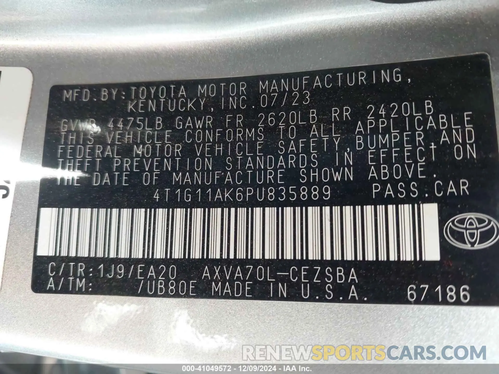 9 fotografías del automóvil dañado 4T1G11AK6PU835889 TOYOTA CAMRY 2023