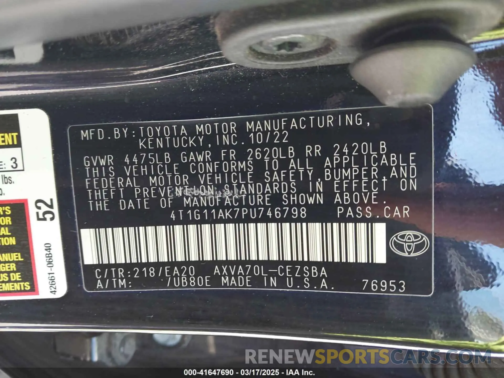 9 fotografías del automóvil dañado 4T1G11AK7PU746798 TOYOTA CAMRY 2023