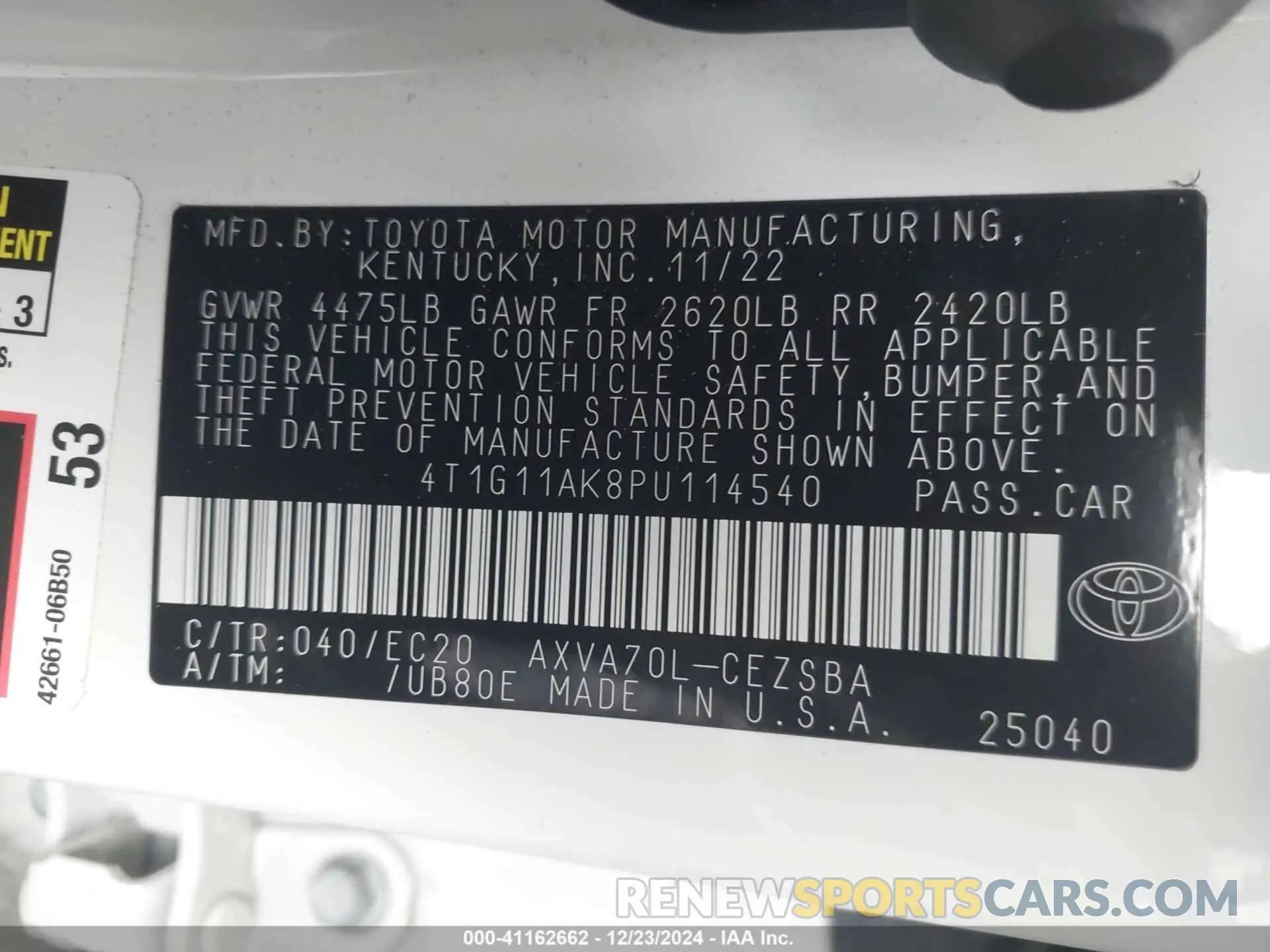 9 fotografías del automóvil dañado 4T1G11AK8PU114540 TOYOTA CAMRY 2023