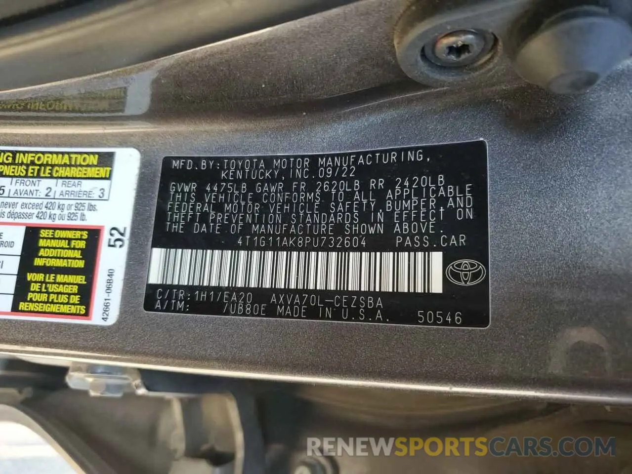 15 fotografías del automóvil dañado 4T1G11AK8PU732604 TOYOTA CAMRY 2023