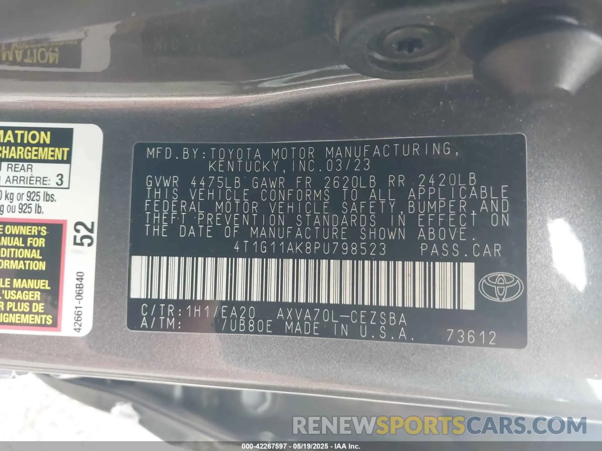 9 fotografías del automóvil dañado 4T1G11AK8PU798523 TOYOTA CAMRY 2023