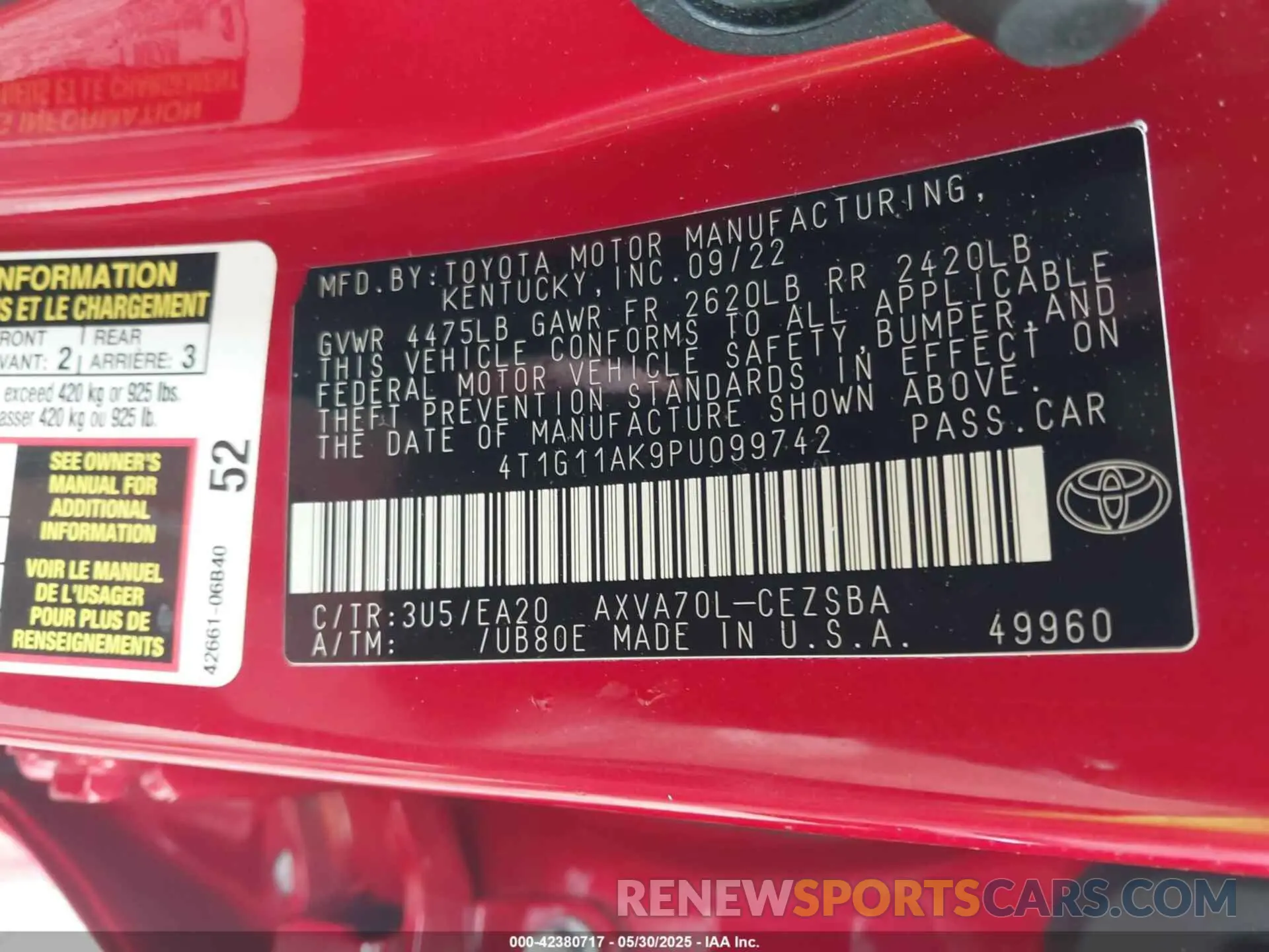 9 fotografías del automóvil dañado 4T1G11AK9PU099742 TOYOTA CAMRY 2023