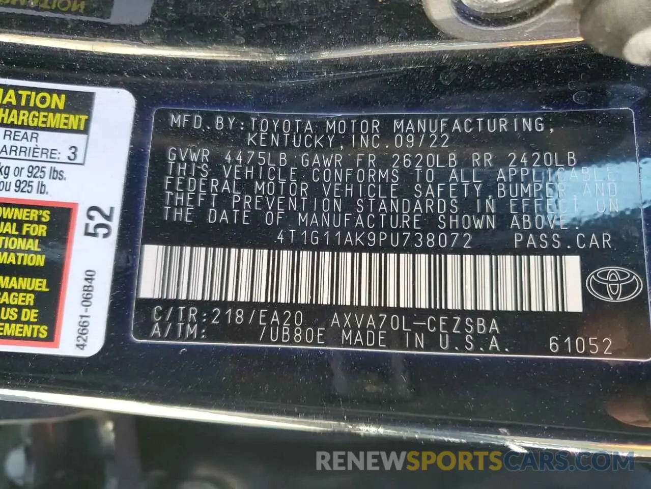 13 fotografías del automóvil dañado 4T1G11AK9PU738072 TOYOTA CAMRY 2023