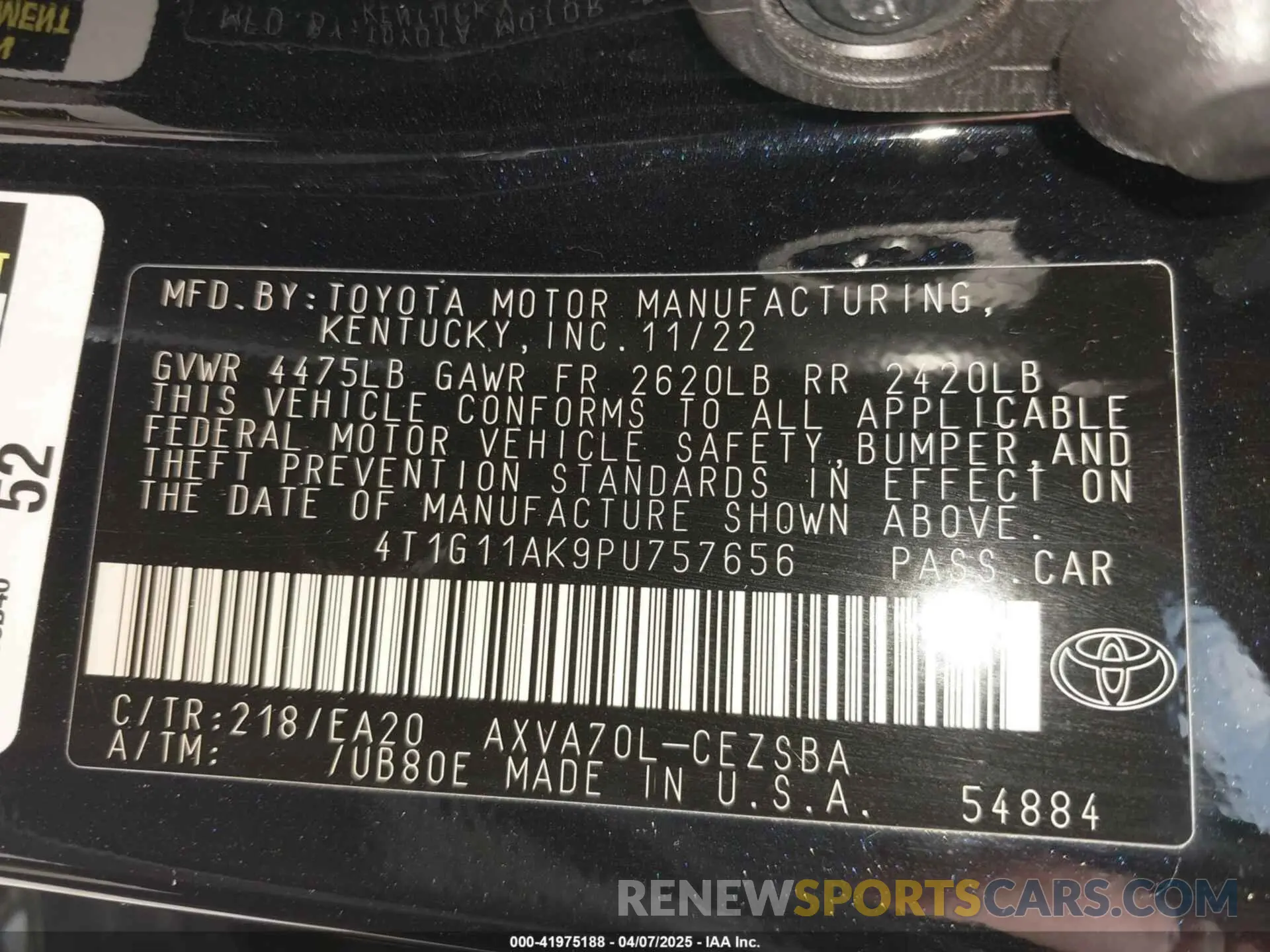 9 fotografías del automóvil dañado 4T1G11AK9PU757656 TOYOTA CAMRY 2023