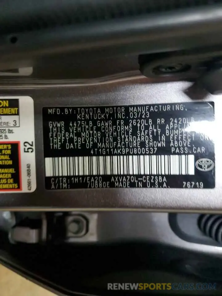 12 fotografías del automóvil dañado 4T1G11AK9PU800537 TOYOTA CAMRY 2023