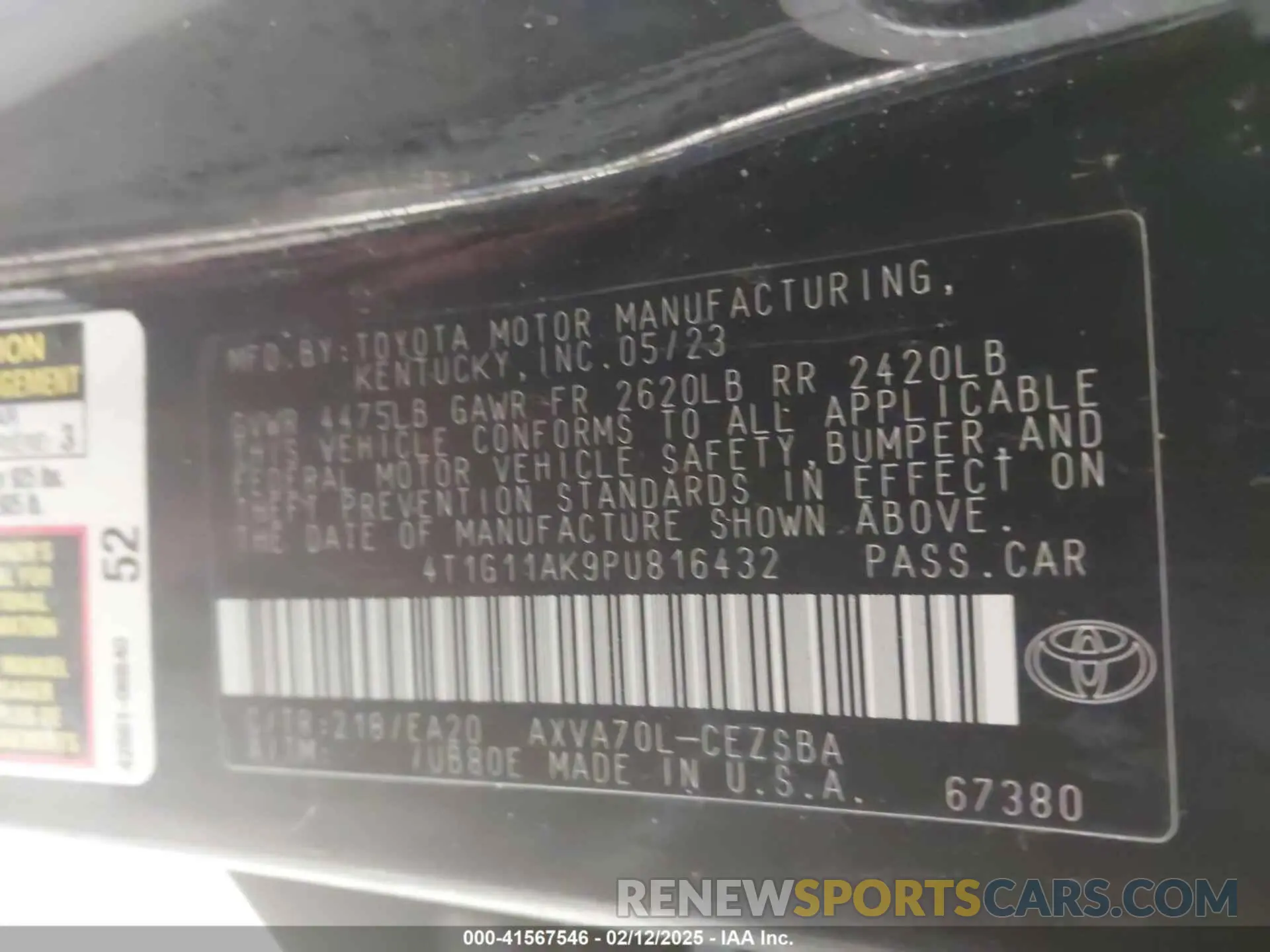 9 fotografías del automóvil dañado 4T1G11AK9PU816432 TOYOTA CAMRY 2023