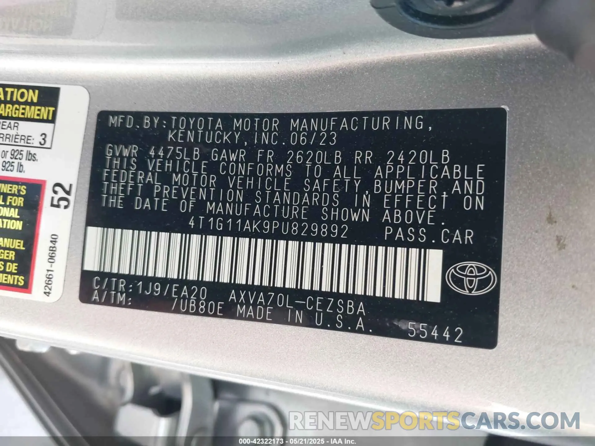 9 fotografías del automóvil dañado 4T1G11AK9PU829892 TOYOTA CAMRY 2023