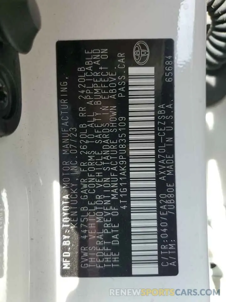 12 fotografías del automóvil dañado 4T1G11AK9PU835109 TOYOTA CAMRY 2023