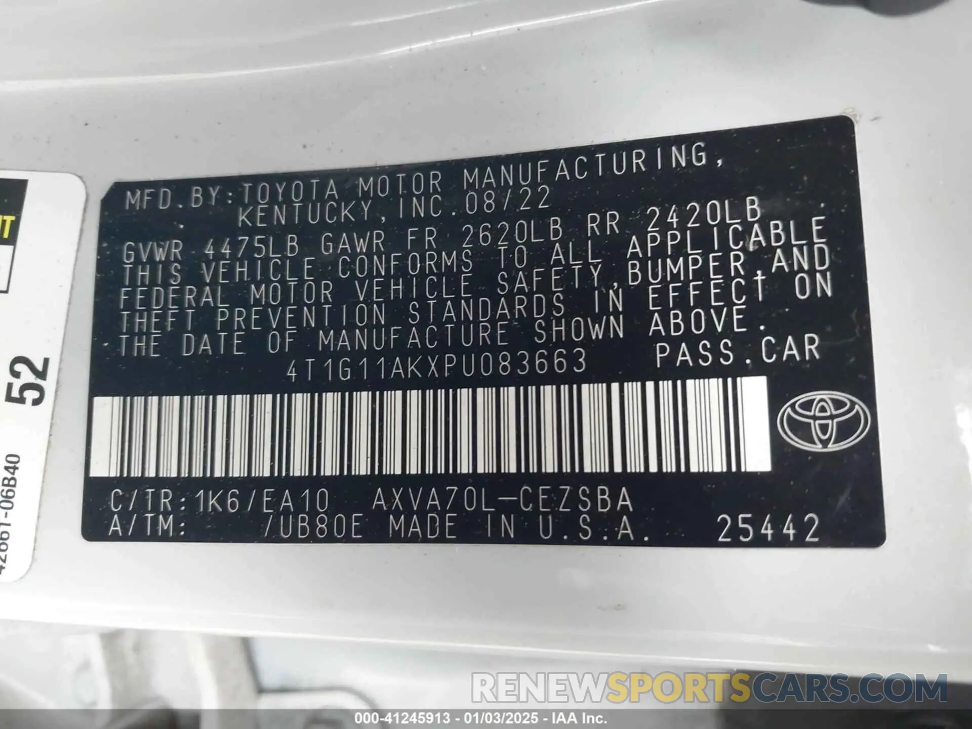9 fotografías del automóvil dañado 4T1G11AKXPU083663 TOYOTA CAMRY 2023