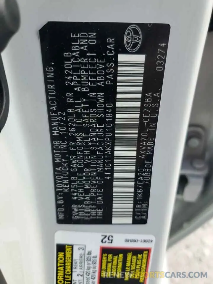 12 fotografías del automóvil dañado 4T1G11AKXPU101840 TOYOTA CAMRY 2023
