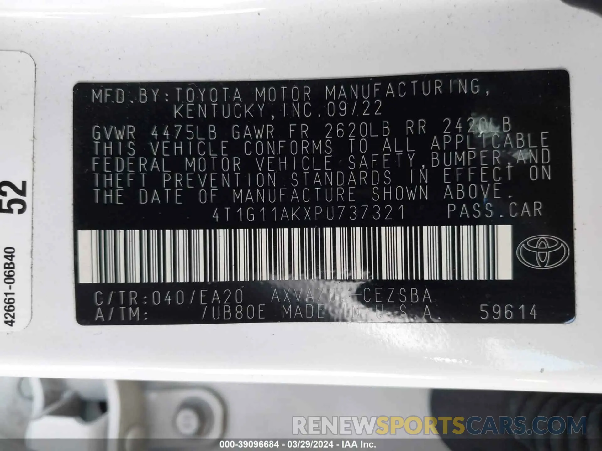 9 fotografías del automóvil dañado 4T1G11AKXPU737321 TOYOTA CAMRY 2023