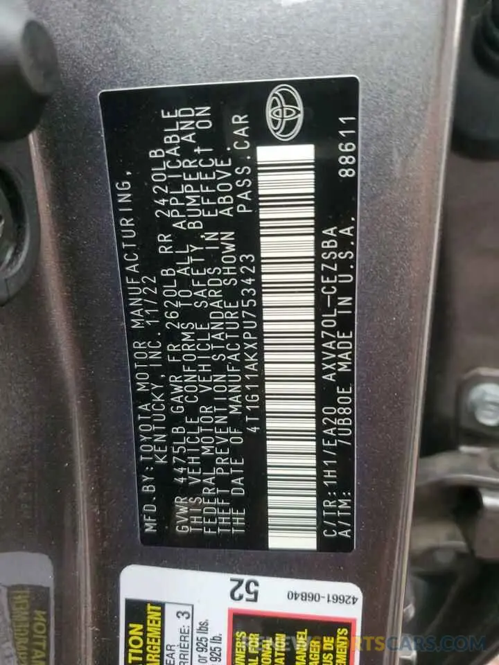 12 fotografías del automóvil dañado 4T1G11AKXPU753423 TOYOTA CAMRY 2023