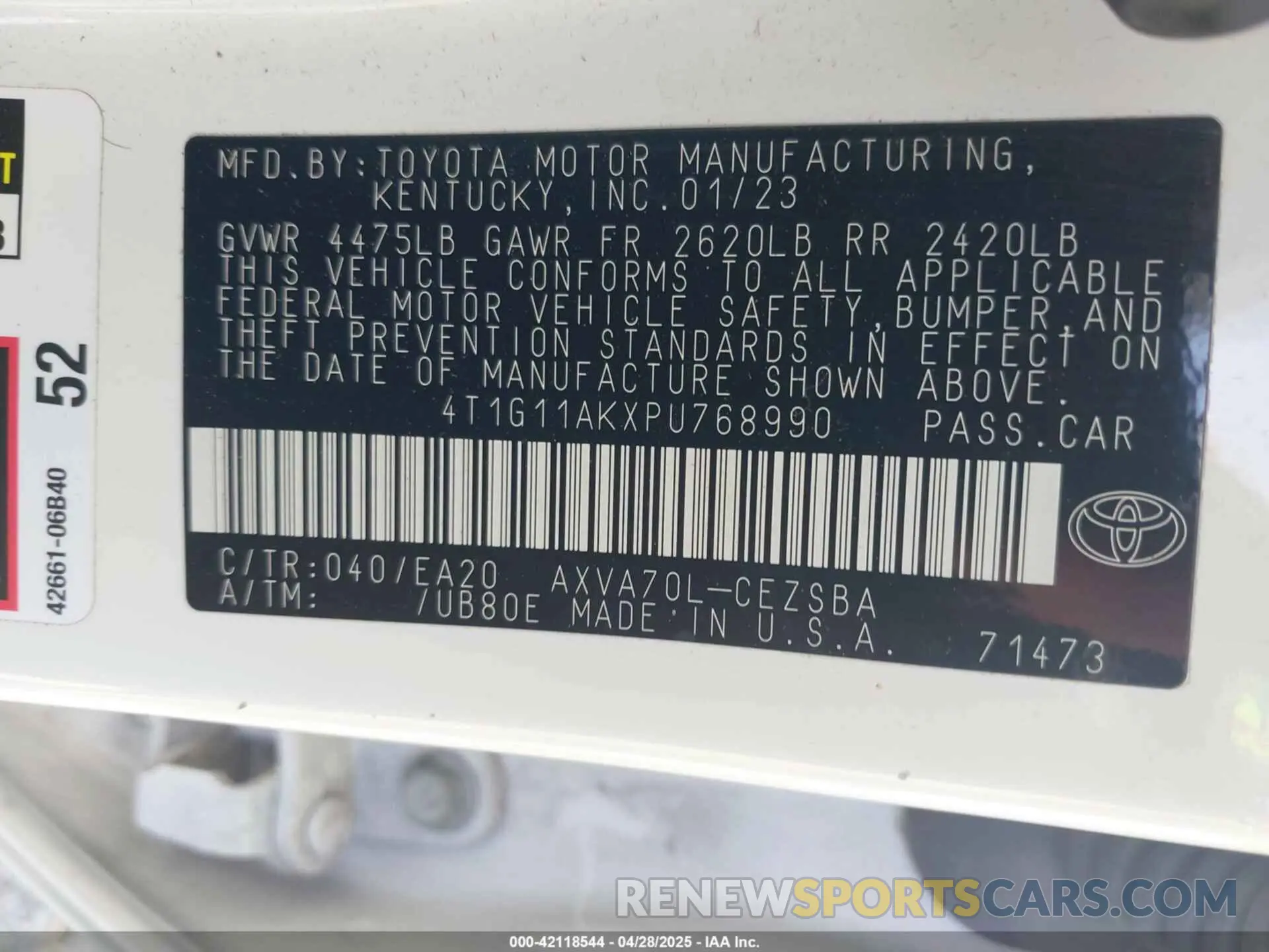 9 fotografías del automóvil dañado 4T1G11AKXPU768990 TOYOTA CAMRY 2023