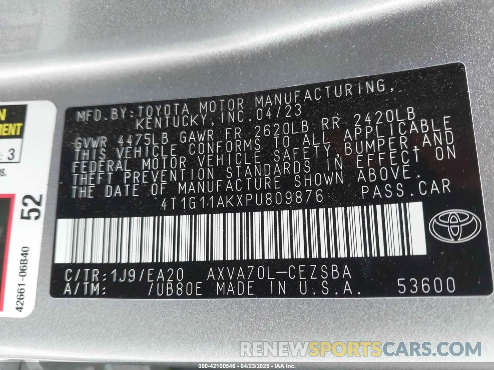 9 fotografías del automóvil dañado 4T1G11AKXPU809876 TOYOTA CAMRY 2023