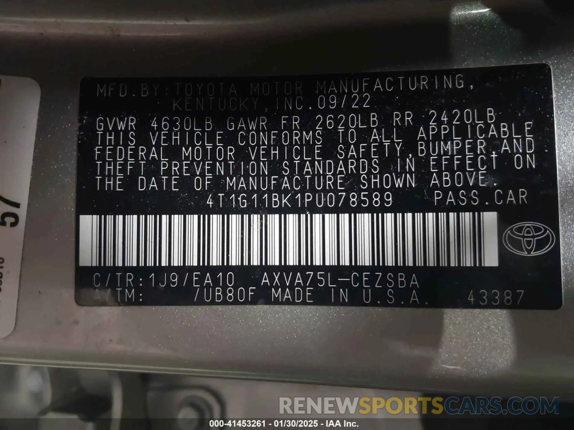 9 fotografías del automóvil dañado 4T1G11BK1PU078589 TOYOTA CAMRY 2023