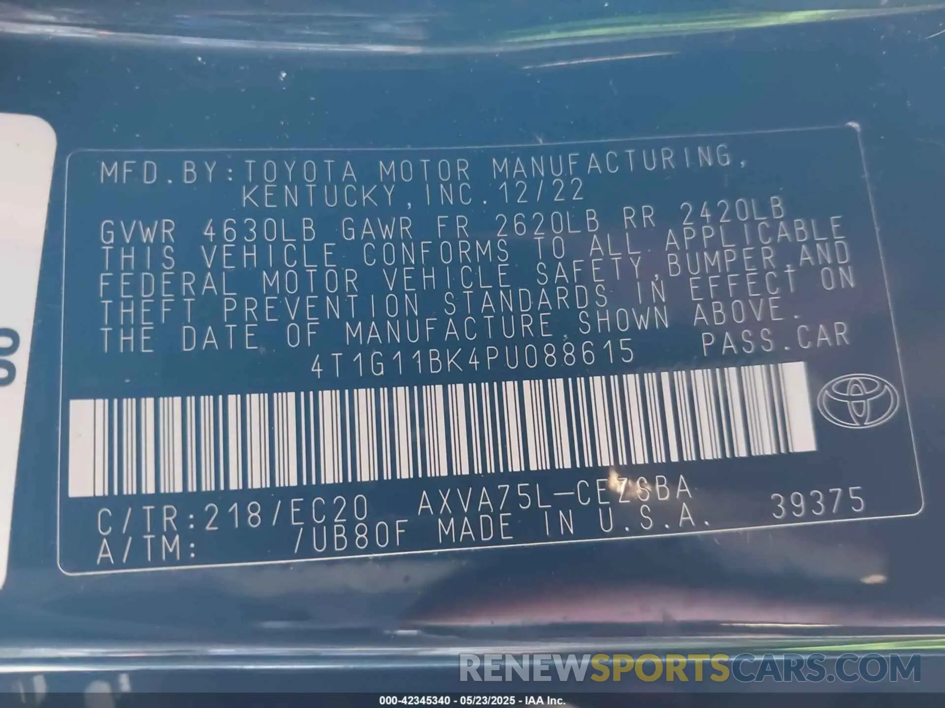 9 fotografías del automóvil dañado 4T1G11BK4PU088615 TOYOTA CAMRY 2023