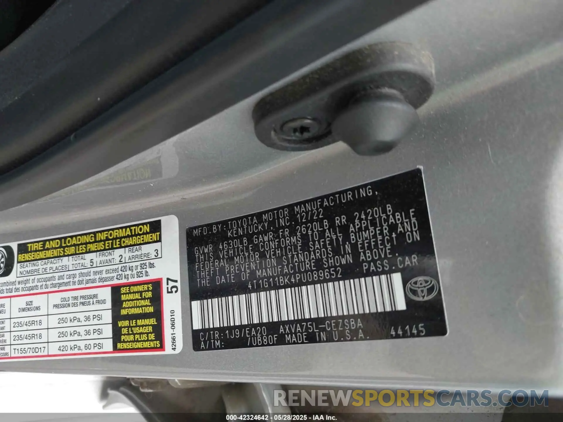 9 fotografías del automóvil dañado 4T1G11BK4PU089652 TOYOTA CAMRY 2023