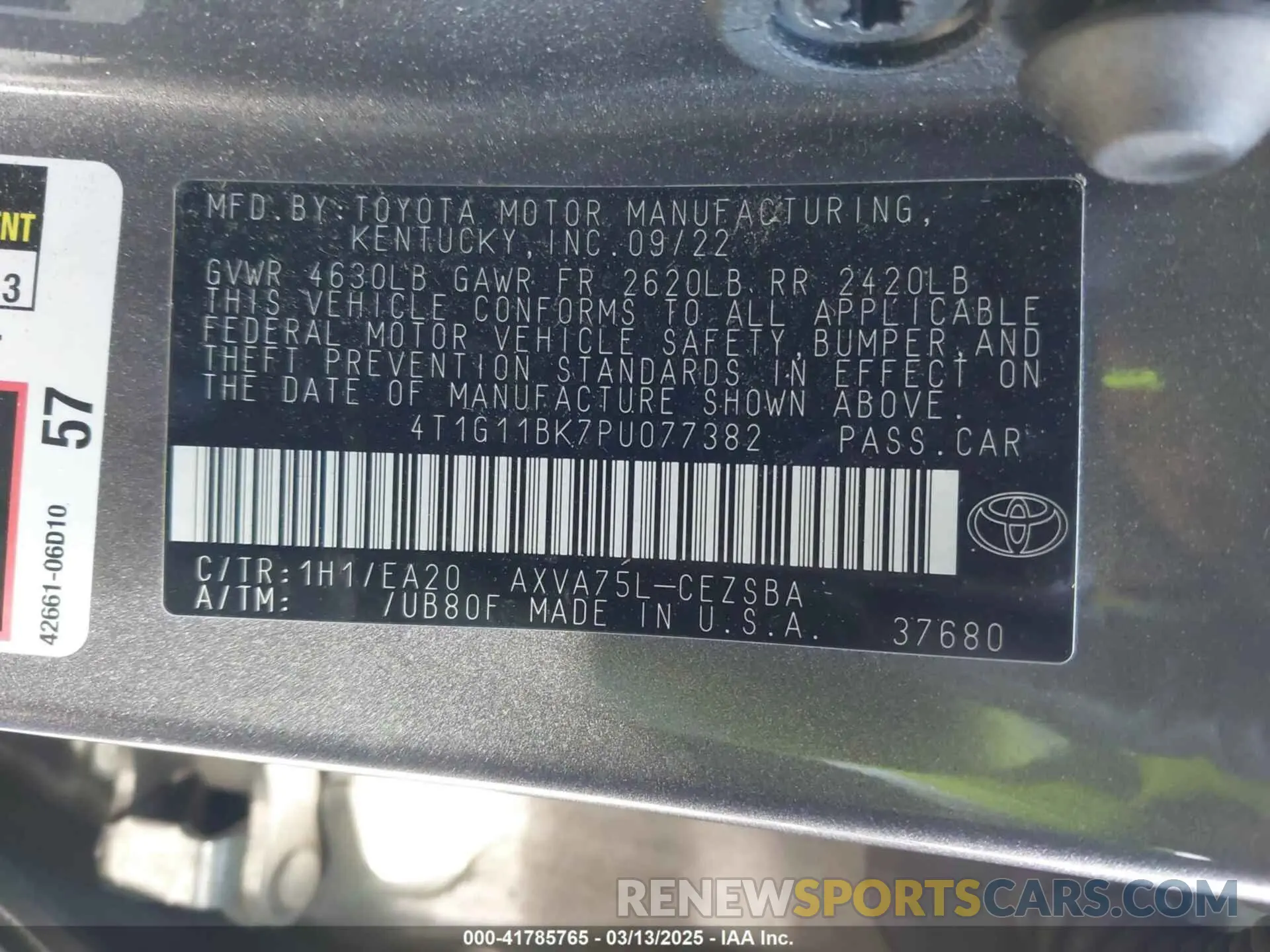 9 fotografías del automóvil dañado 4T1G11BK7PU077382 TOYOTA CAMRY 2023