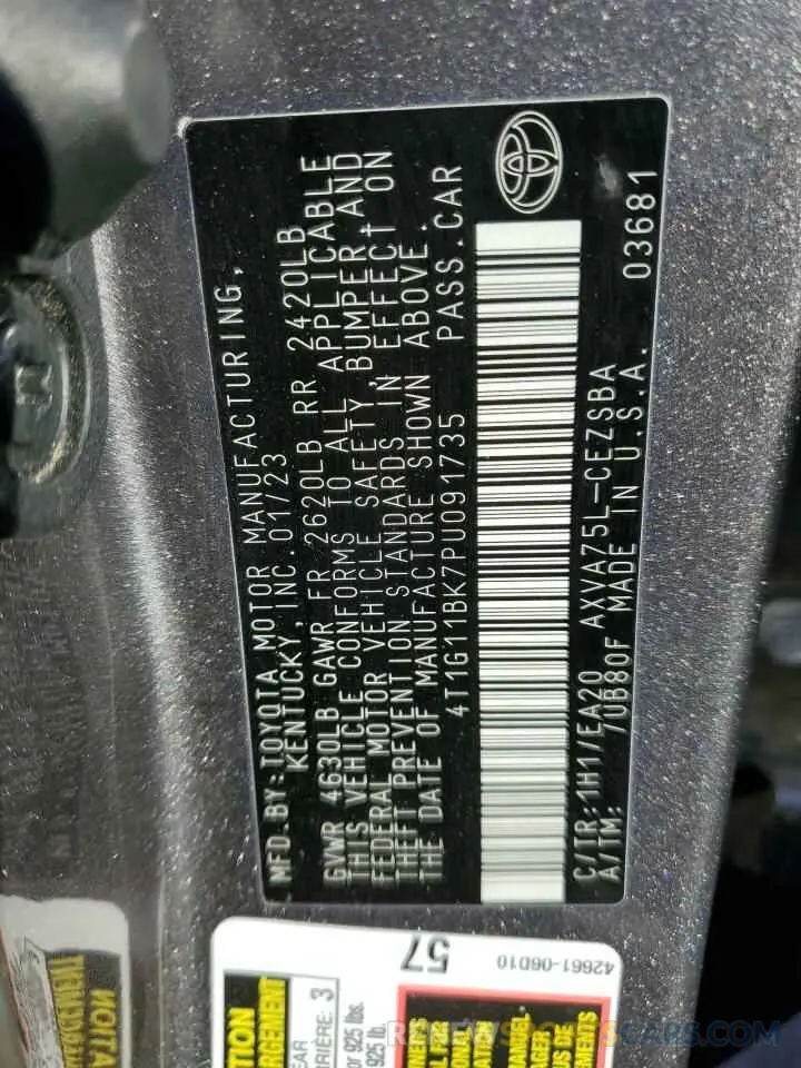 12 fotografías del automóvil dañado 4T1G11BK7PU091735 TOYOTA CAMRY 2023