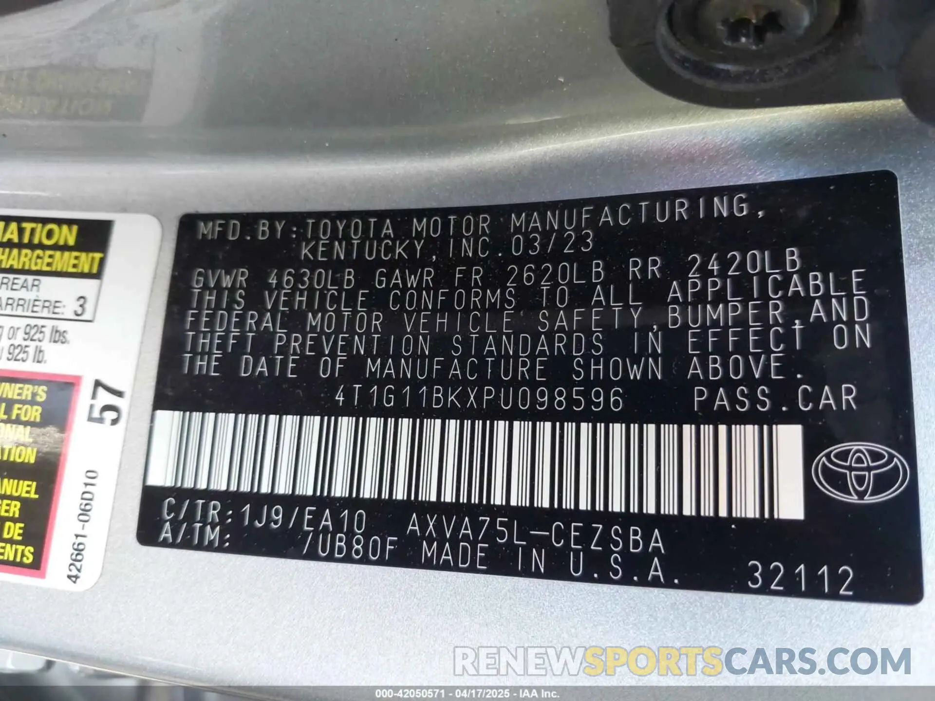 9 fotografías del automóvil dañado 4T1G11BKXPU098596 TOYOTA CAMRY 2023