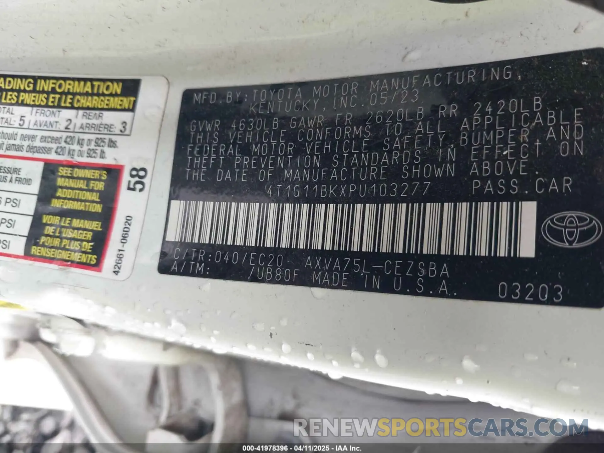 9 fotografías del automóvil dañado 4T1G11BKXPU103277 TOYOTA CAMRY 2023