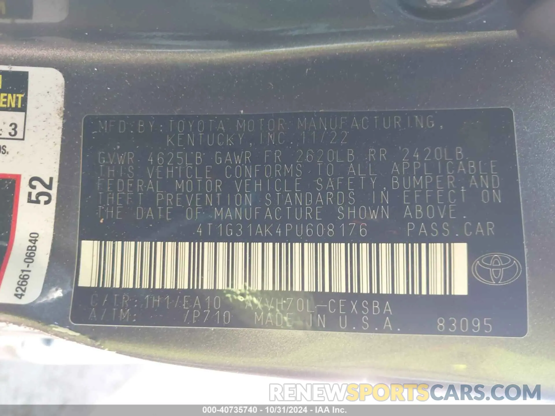 9 fotografías del automóvil dañado 4T1G31AK4PU608176 TOYOTA CAMRY 2023