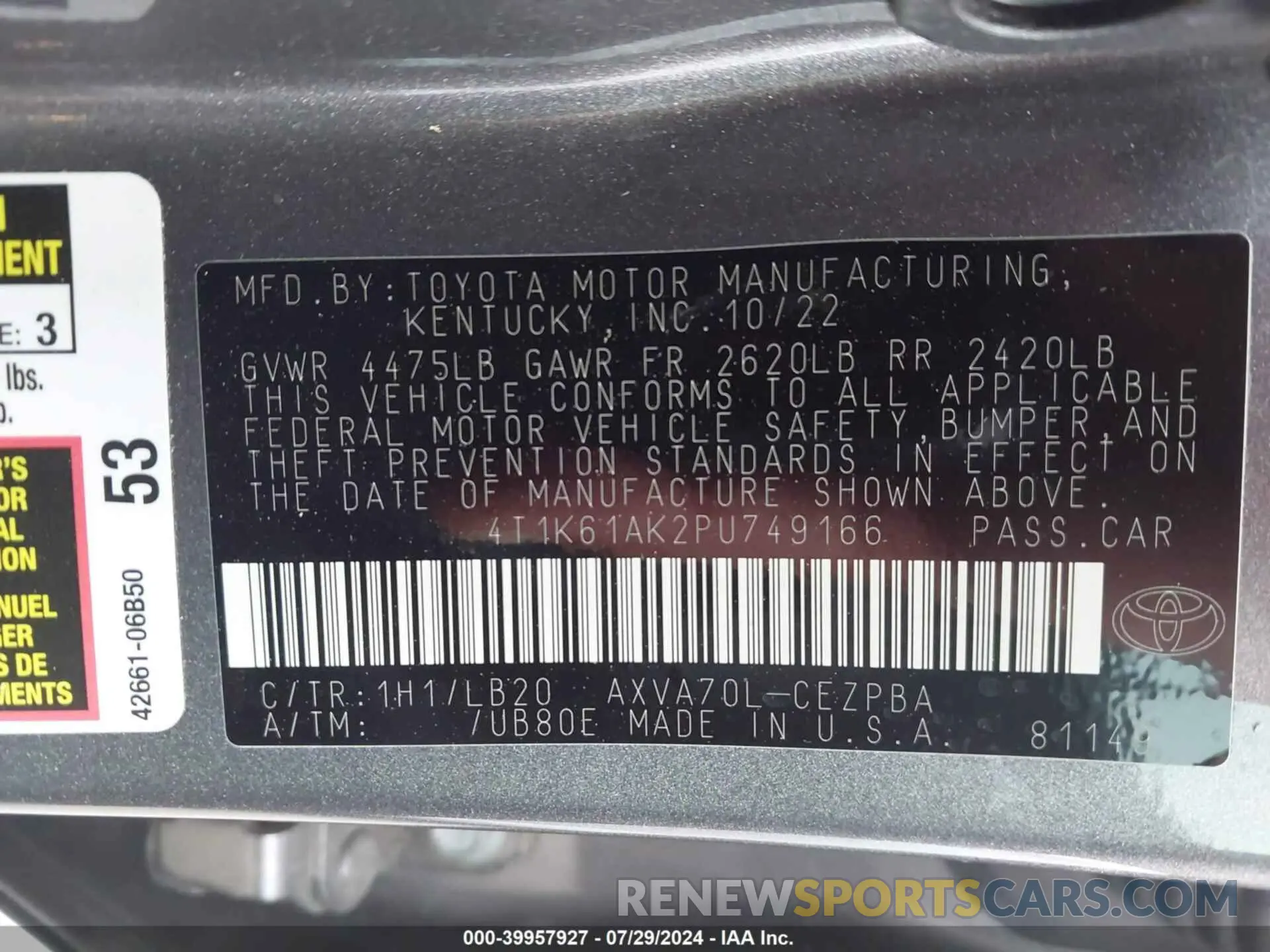 9 fotografías del automóvil dañado 4T1K61AK2PU749166 TOYOTA CAMRY 2023