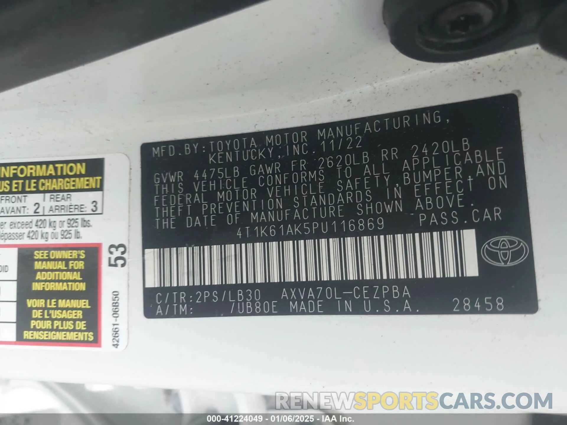 9 fotografías del automóvil dañado 4T1K61AK5PU116869 TOYOTA CAMRY 2023