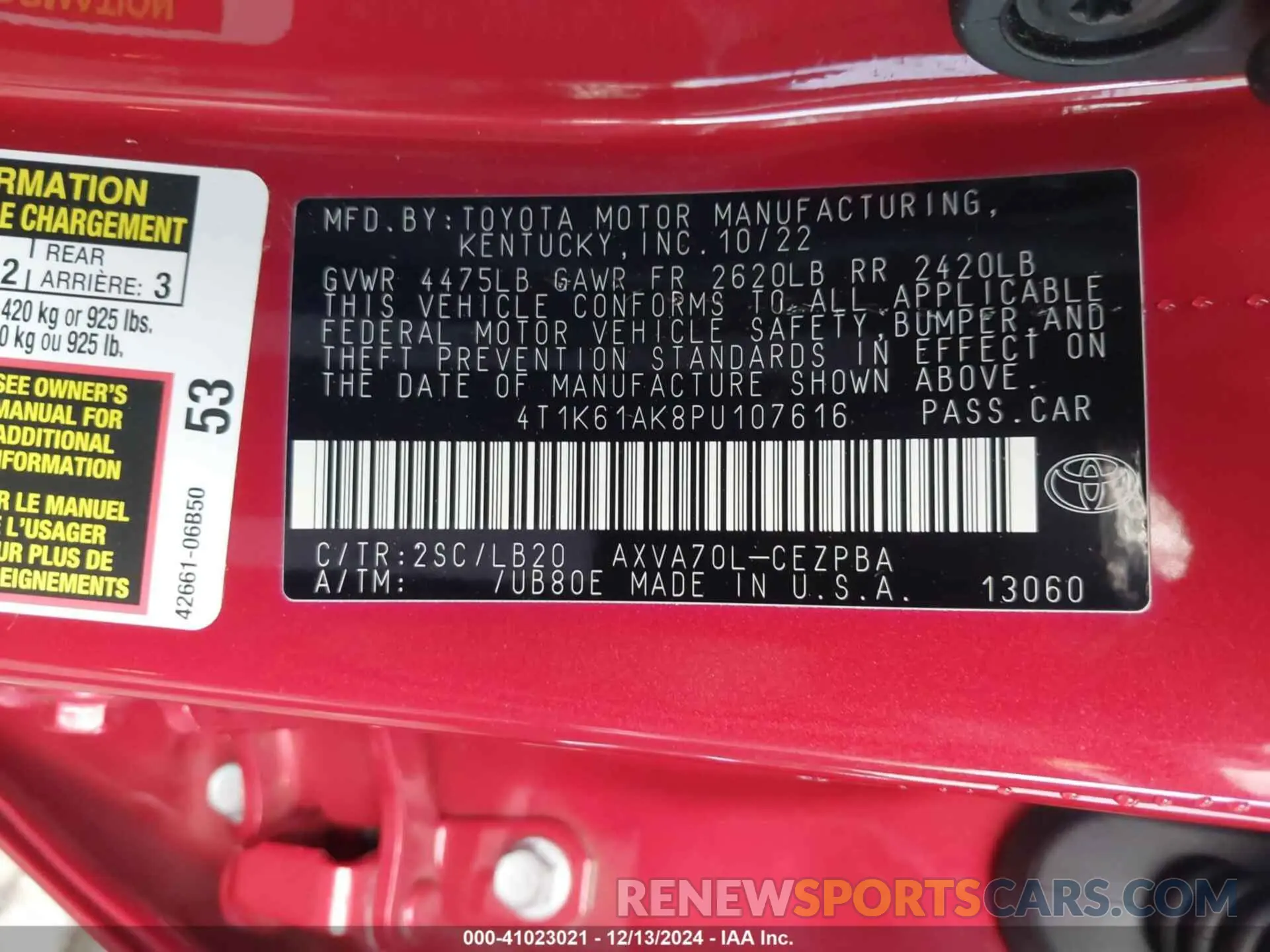9 fotografías del automóvil dañado 4T1K61AK8PU107616 TOYOTA CAMRY 2023
