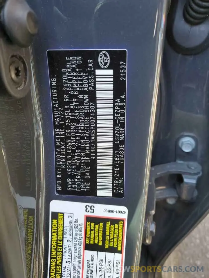 14 fotografías del automóvil dañado 4T1KZ1AK5PU074307 TOYOTA CAMRY 2023