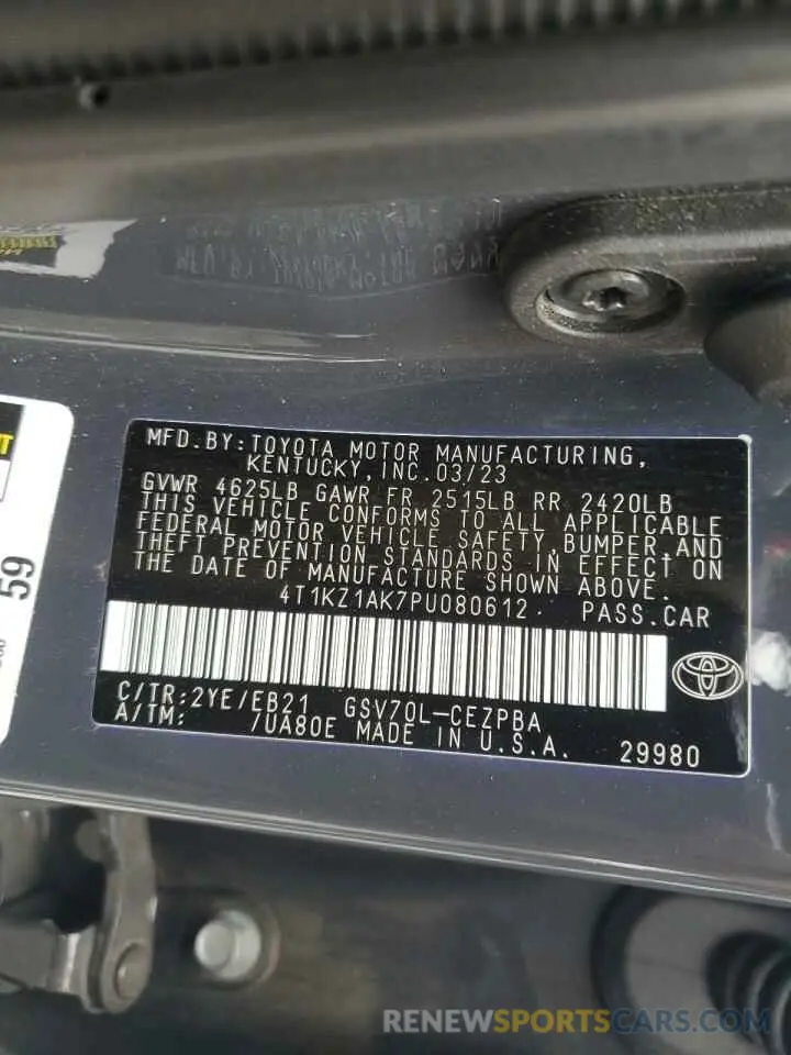 12 fotografías del automóvil dañado 4T1KZ1AK7PU080612 TOYOTA CAMRY 2023