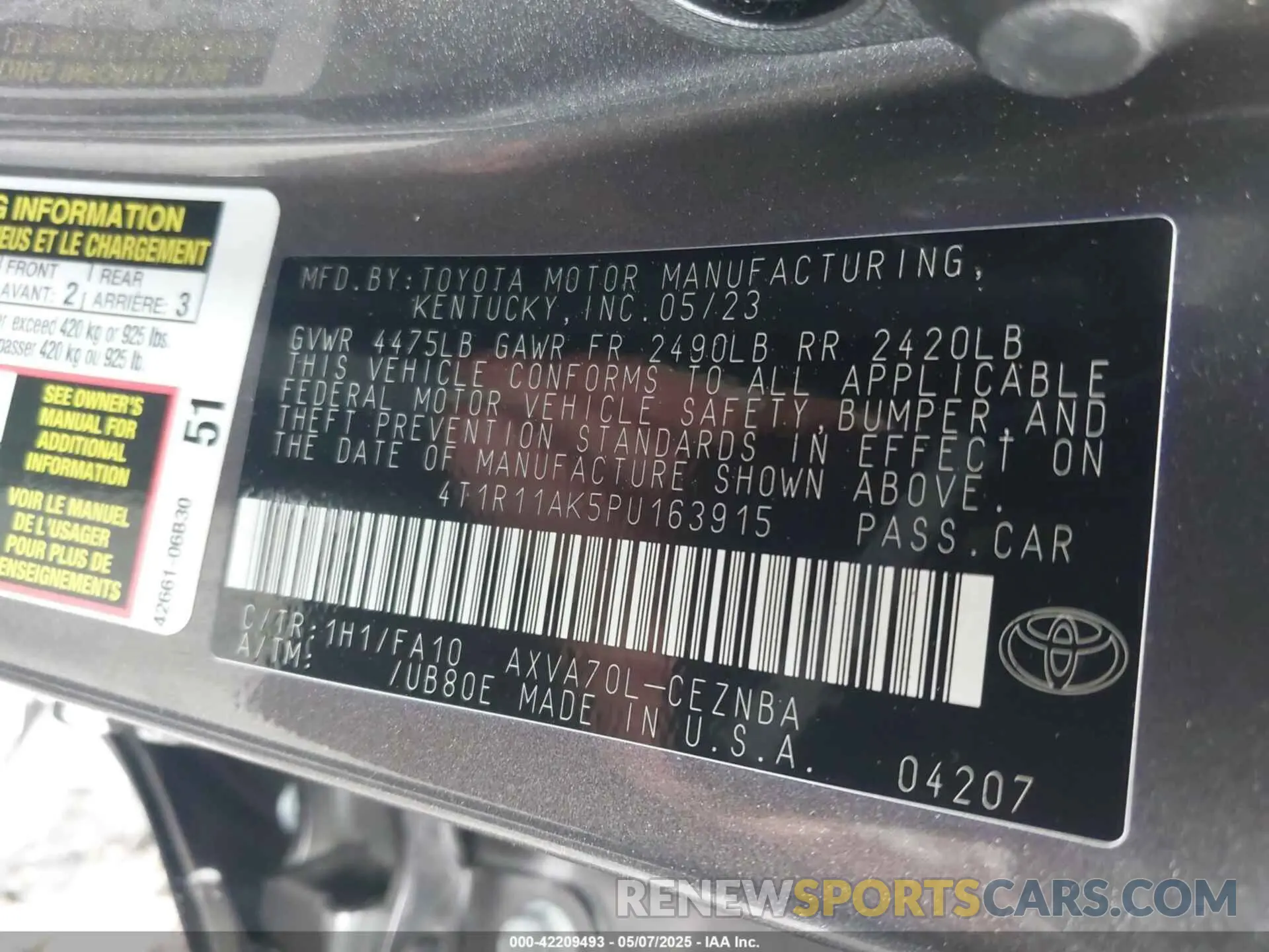 9 fotografías del automóvil dañado 4T1R11AK5PU163915 TOYOTA CAMRY 2023
