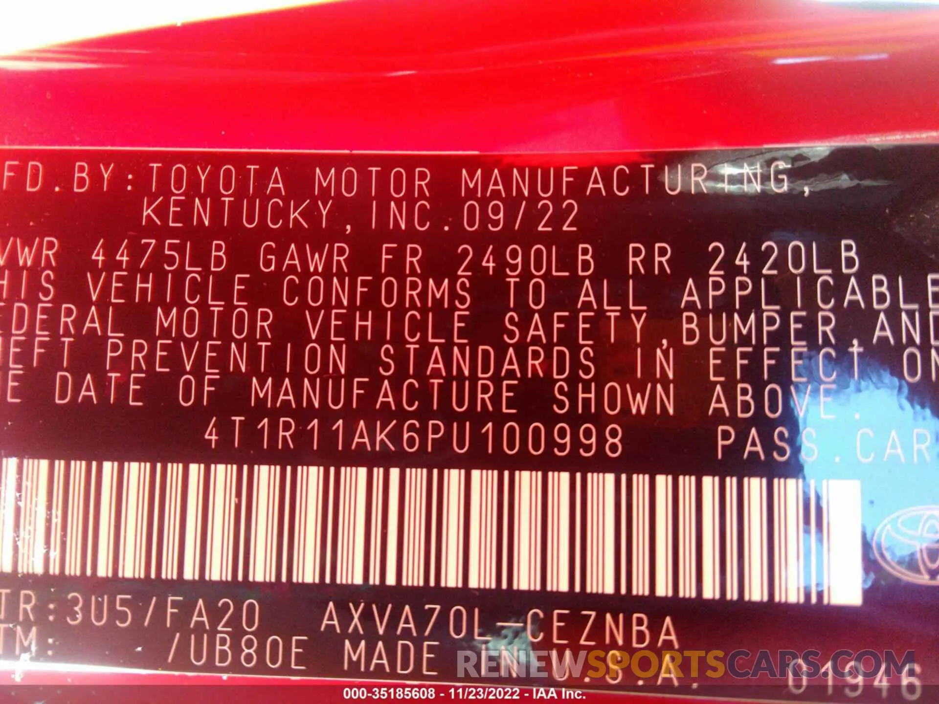 9 fotografías del automóvil dañado 4T1R11AK6PU100998 TOYOTA CAMRY 2023