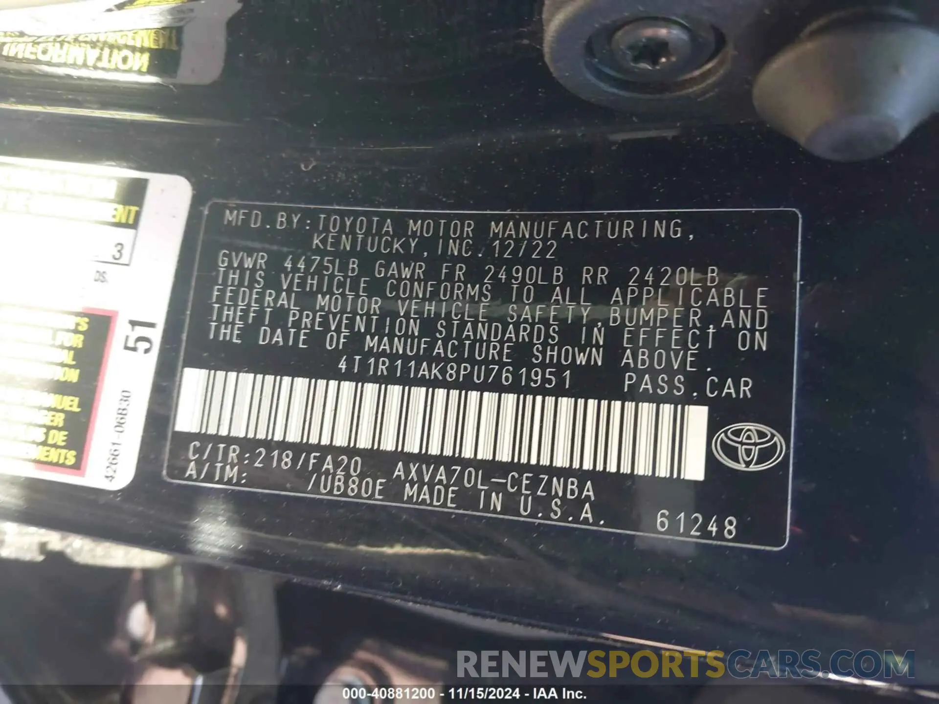 9 fotografías del automóvil dañado 4T1R11AK8PU761951 TOYOTA CAMRY 2023