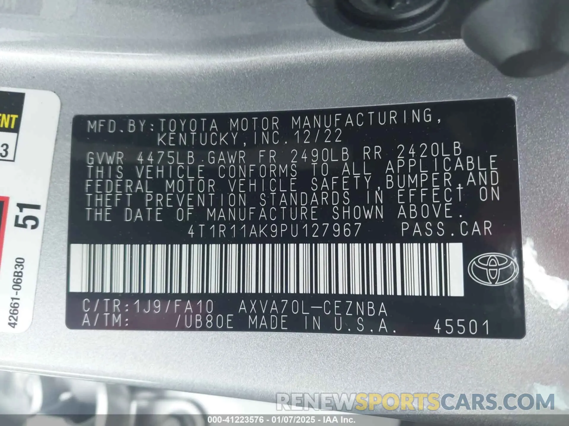 9 fotografías del automóvil dañado 4T1R11AK9PU127967 TOYOTA CAMRY 2023