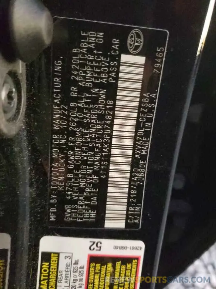 13 fotografías del automóvil dañado 4T1S11AK3PU748218 TOYOTA CAMRY 2023