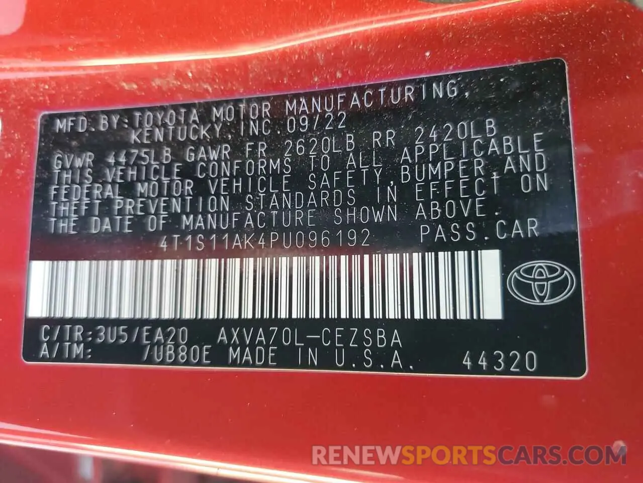 12 fotografías del automóvil dañado 4T1S11AK4PU096192 TOYOTA CAMRY 2023