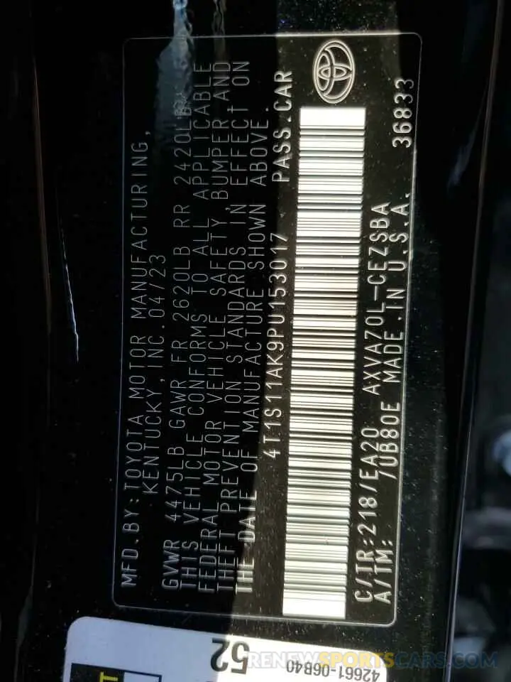 13 fotografías del automóvil dañado 4T1S11AK9PU153017 TOYOTA CAMRY 2023