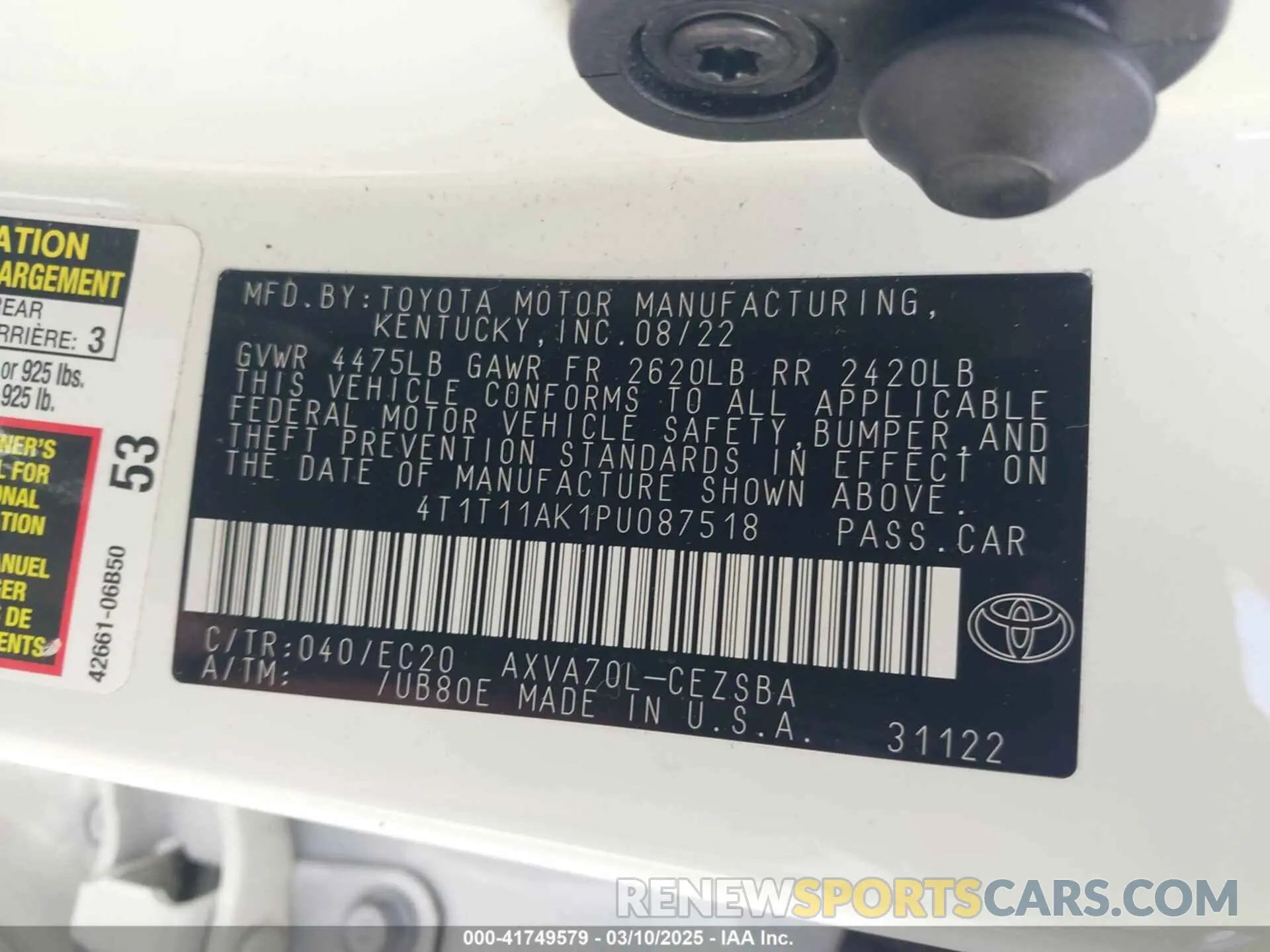 9 fotografías del automóvil dañado 4T1T11AK1PU087518 TOYOTA CAMRY 2023