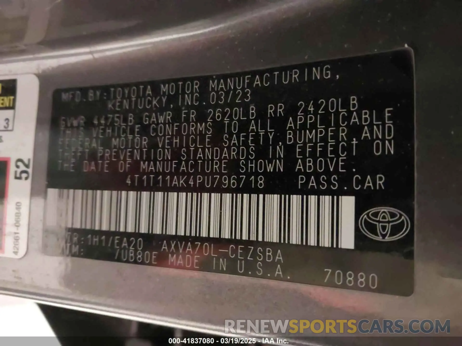9 fotografías del automóvil dañado 4T1T11AK4PU796718 TOYOTA CAMRY 2023
