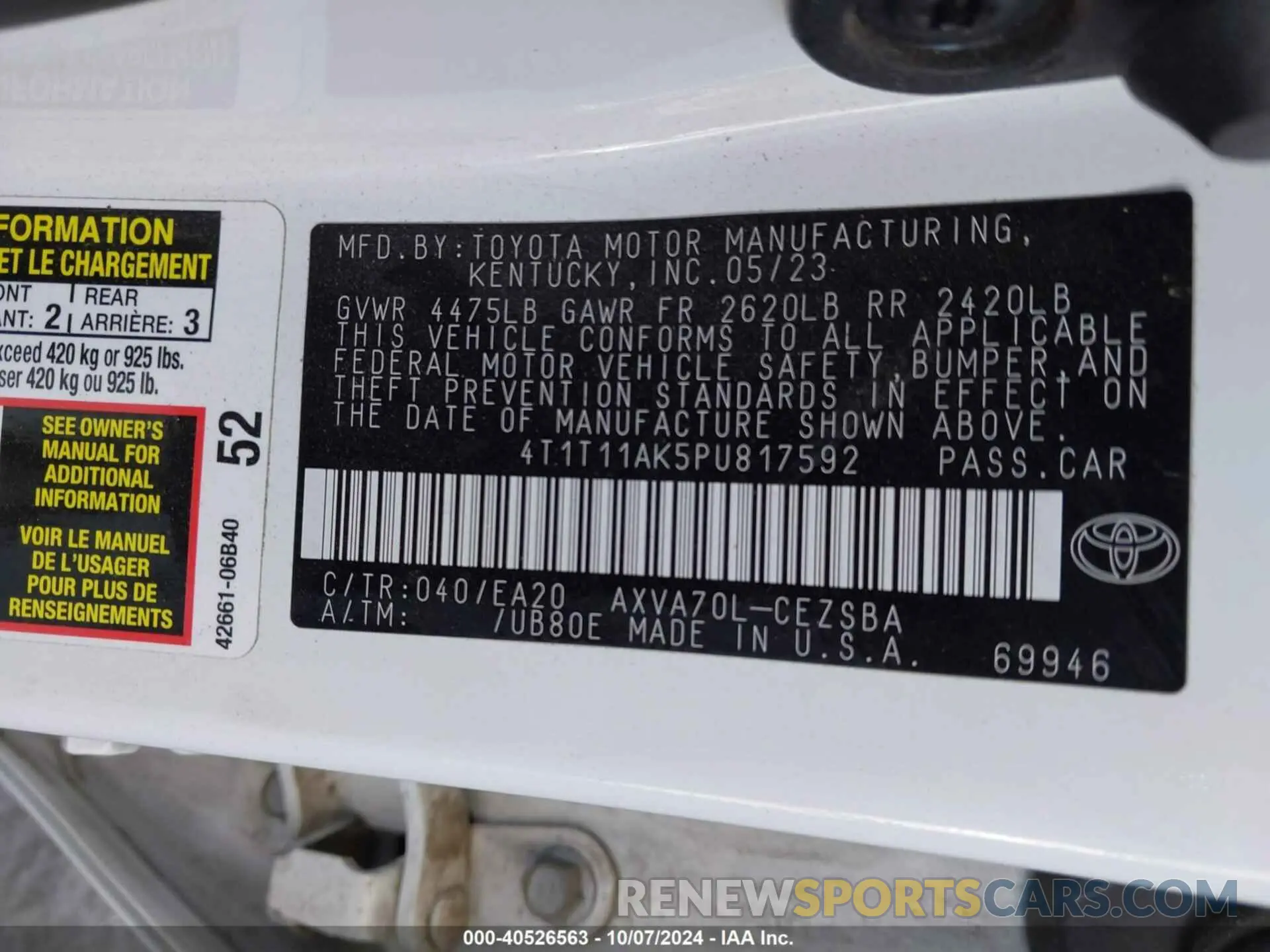 9 fotografías del automóvil dañado 4T1T11AK5PU817592 TOYOTA CAMRY 2023