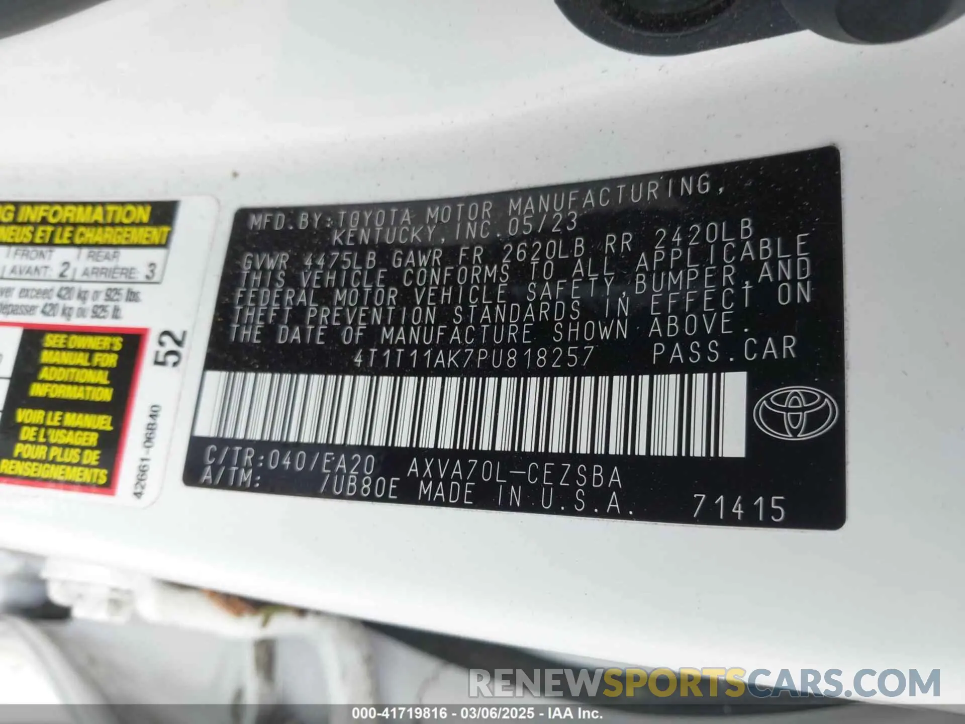 9 fotografías del automóvil dañado 4T1T11AK7PU818257 TOYOTA CAMRY 2023