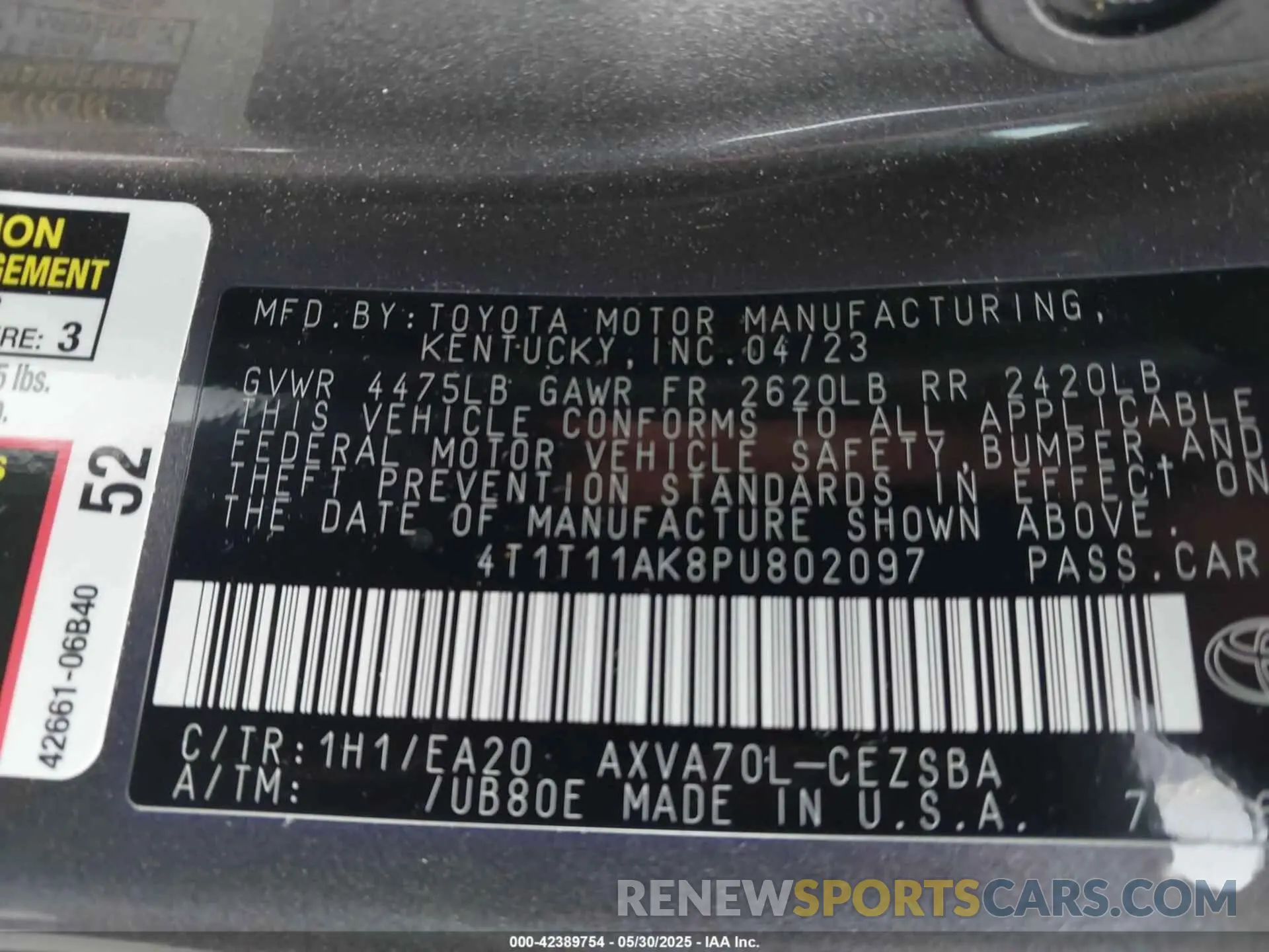 9 fotografías del automóvil dañado 4T1T11AK8PU802097 TOYOTA CAMRY 2023