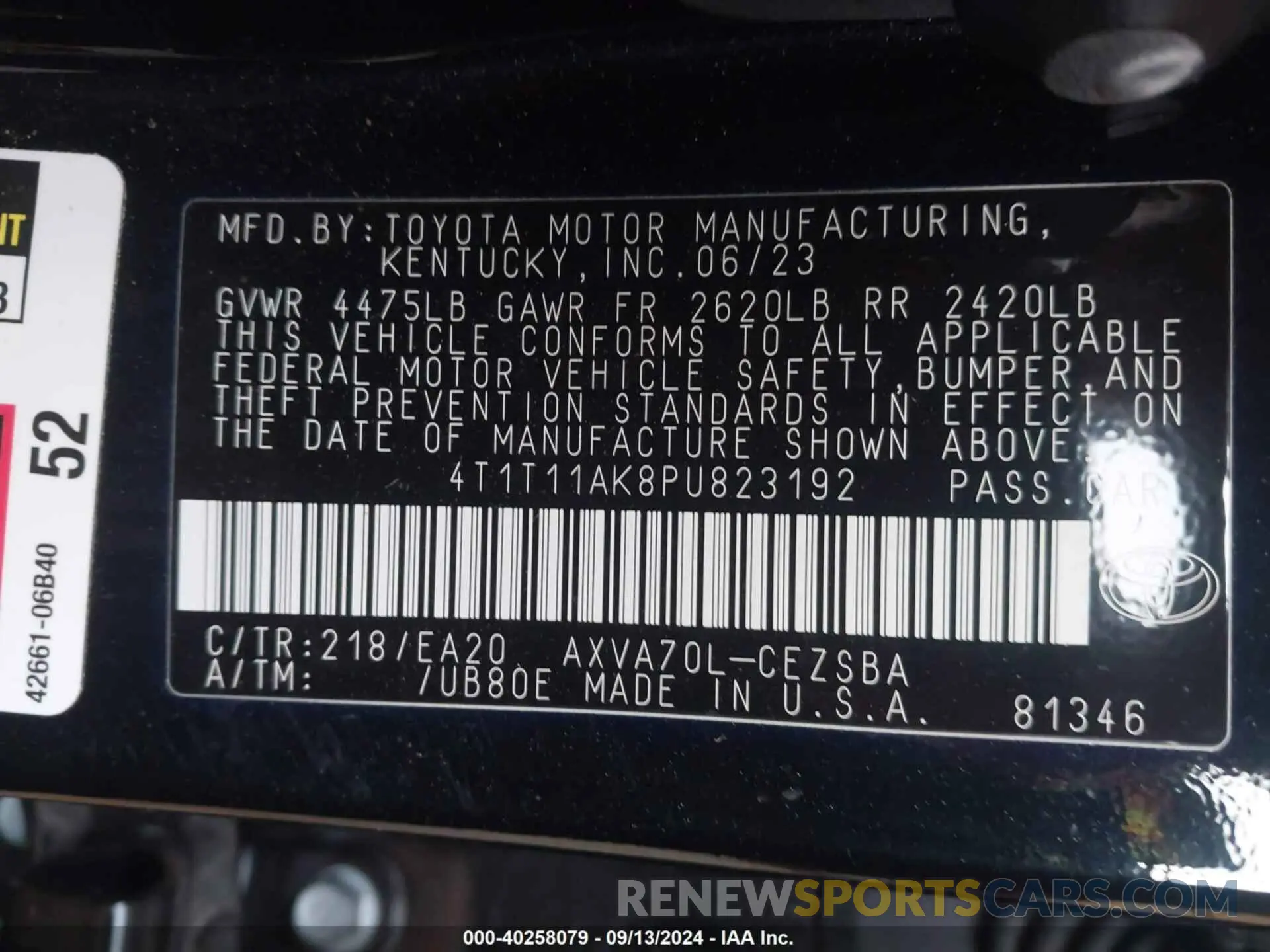 9 fotografías del automóvil dañado 4T1T11AK8PU823192 TOYOTA CAMRY 2023