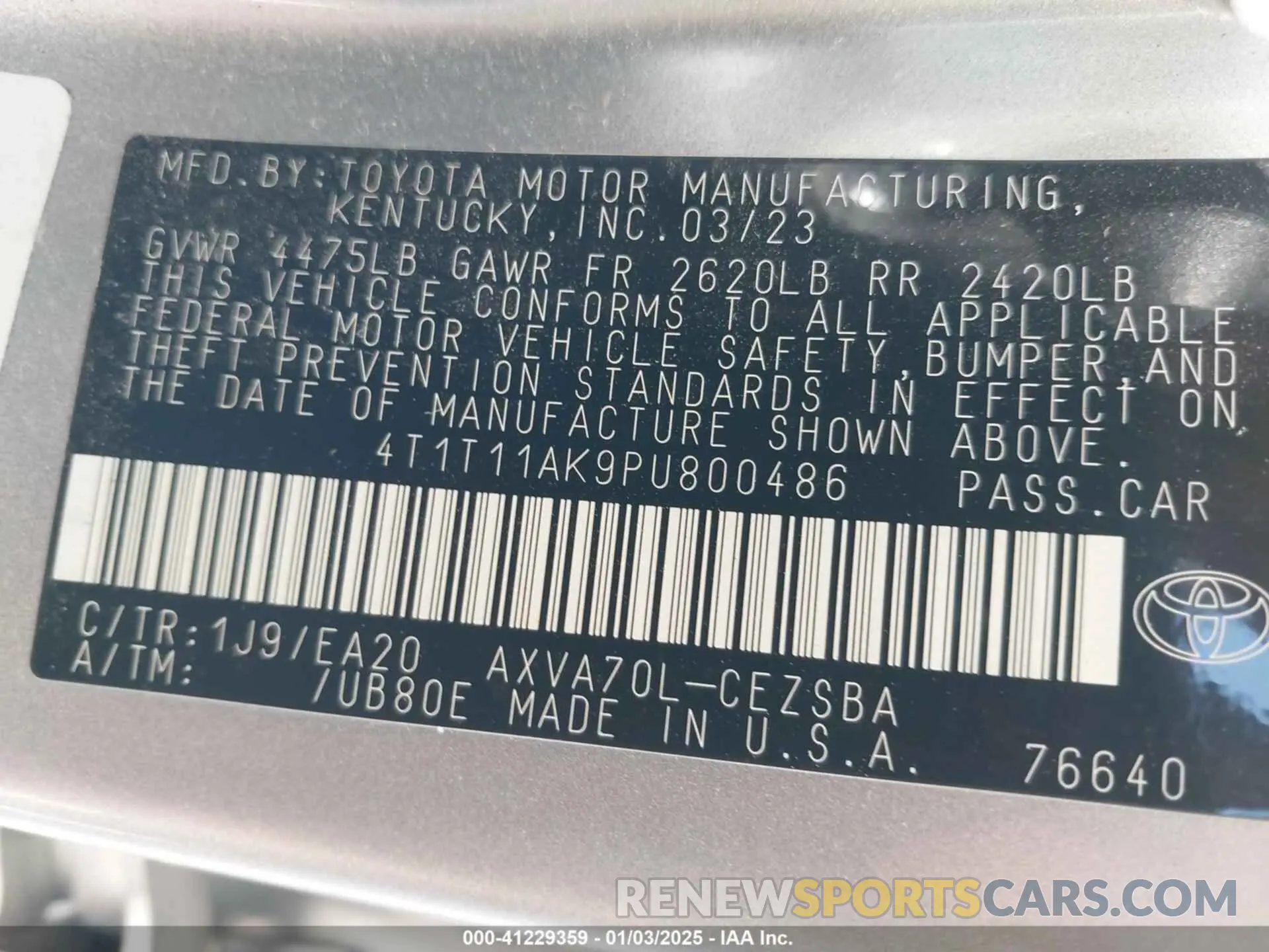 9 fotografías del automóvil dañado 4T1T11AK9PU800486 TOYOTA CAMRY 2023